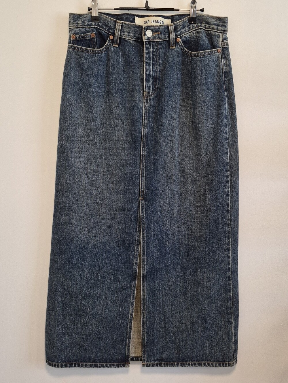Gap Denim Maxi Skirt Sz 10 Med Wash Blue Long Jean Skirt Front Slit Boho Western - Picture 2 of 9
